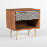 Toshi Wooden Bedside Table is made with Acacia wood, cement inlay, and brass-finished legs. A modern bedside table with a unique urban chic design.